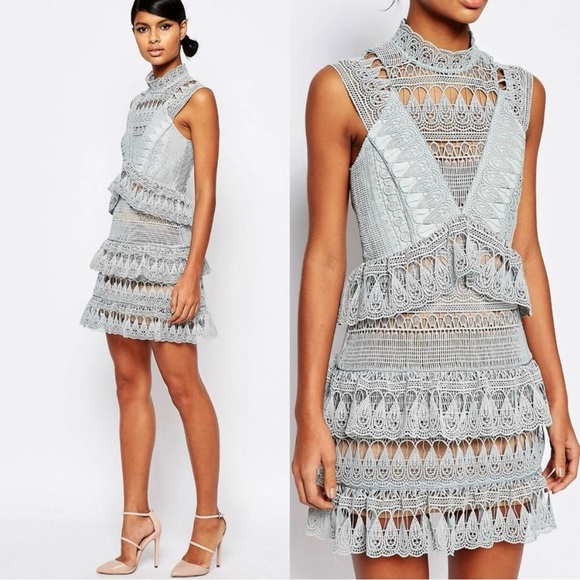 Self-Portrait Teardrop Guipure Tiered Lace Turquoise Teal BOHO Embroidery Dress - Picture 4 of 16